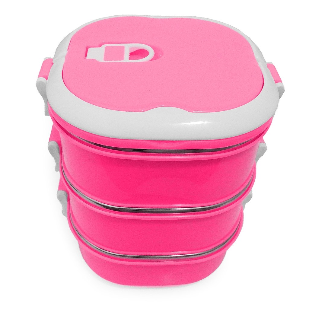 Tupper Para Comida 3 Niveles Cuadrado Easy Go Rosa