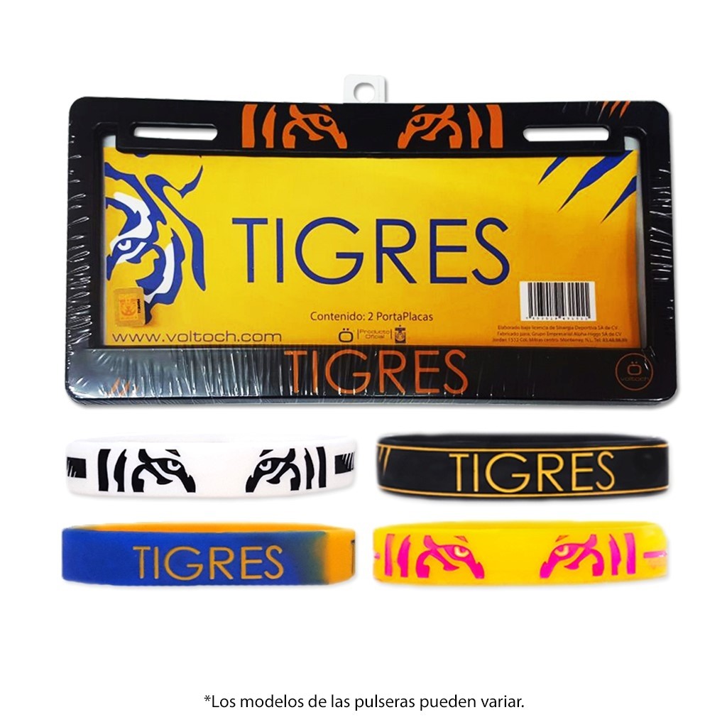 Combo Tigres 4: 1 Par de Portaplacas + 4 Pulseras de Silicón Voltoch Tigres Oficial