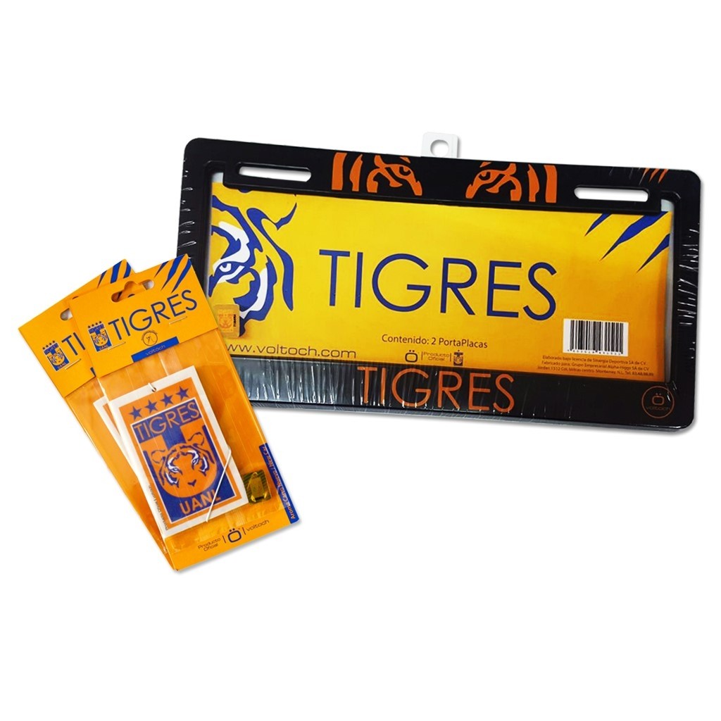 Combo Tigres 2: 1 Par de Portaplacas + 2 Aromatizantes Voltoch Tigres Oficial