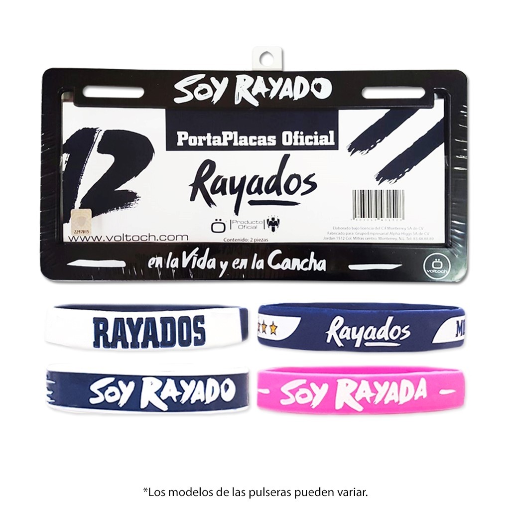 Combo Rayados 4: 1 Par de Portaplacas + 4 Pulseras de Silicón Voltoch Rayados Oficial