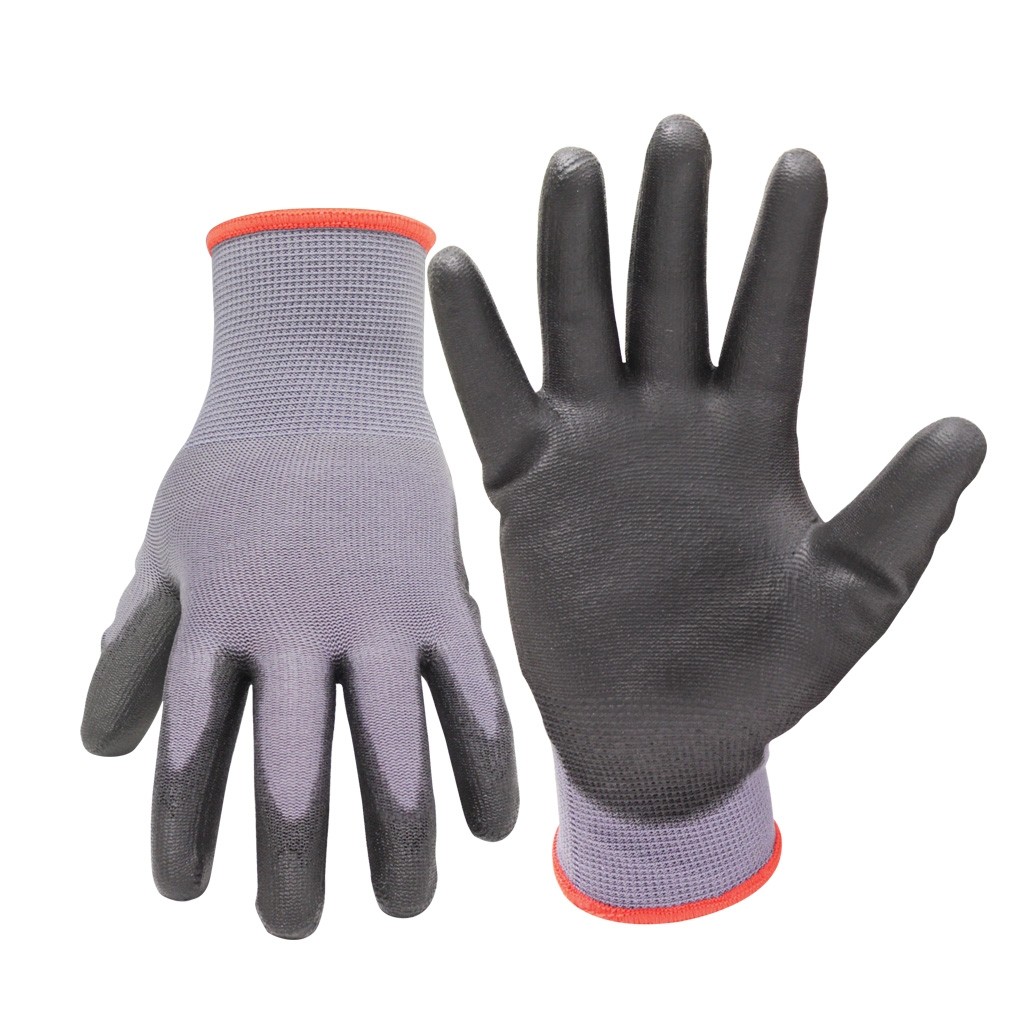 Guantes de poliéster elástico recubierto de poliuretano Talla Chica color gris con negro Santul Caja con 6 piezas